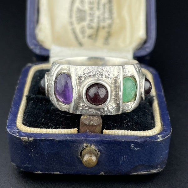 Vintage Silver Multi Gemstone Cabochon Boho Statement Ring, Size 8.5 - Boylerpf