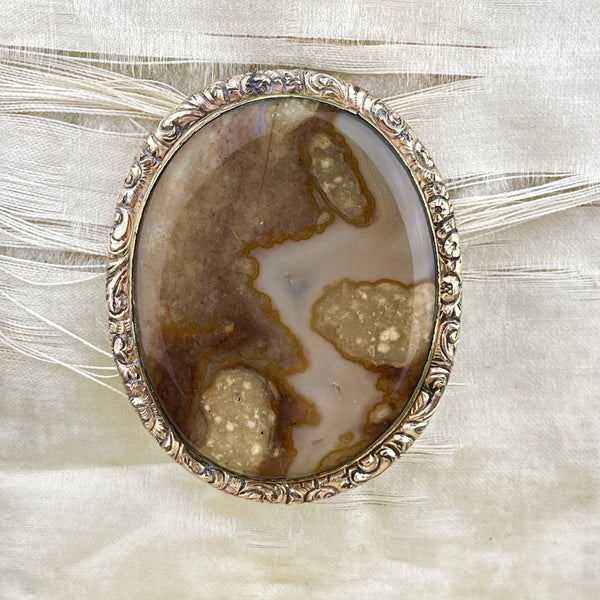 Antique Victorian Gold Engraved Lace Picture Agate Brooch - Boylerpf