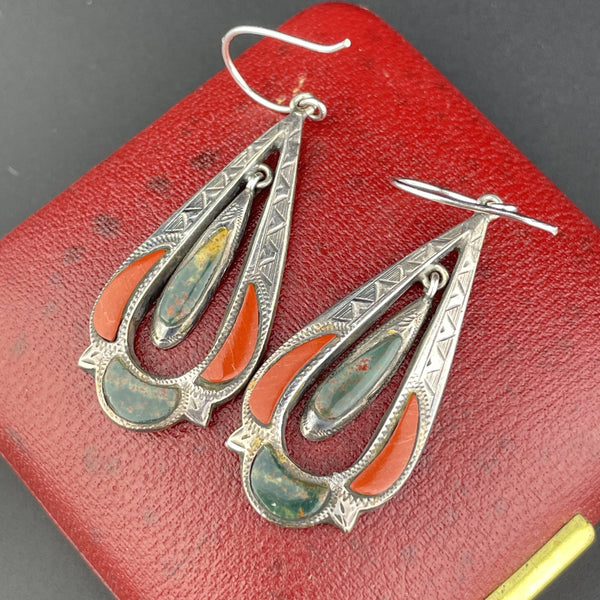 Victorian Silver Scottish Agate Chandelier Dangle Earrings - Boylerpf