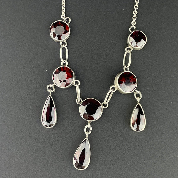 Vintage Art Deco Silver Garnet Drop Necklace - Boylerpf