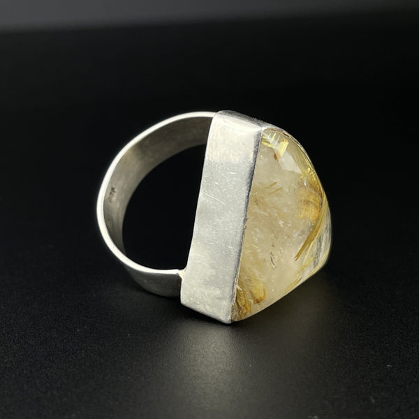 Vintage Silver Rutilated Quartz Large Statement Ring, Sz 8 - Boylerpf