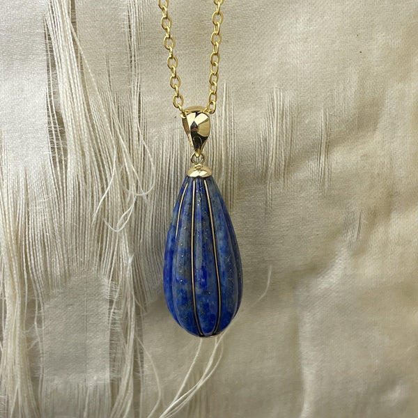 Vintage 14K Gold Lapis Lazuli Teardrop Pendant Necklace - Boylerpf