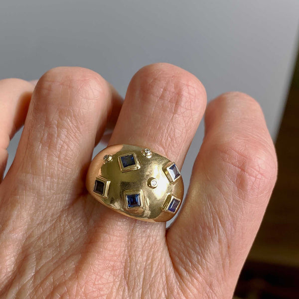 14K Gold Sputnik Style Sapphire Diamond Bombe Ring - Boylerpf