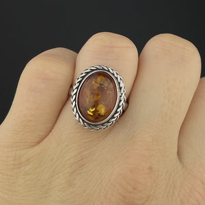 Vintage Natural Russian Baltic Amber Silver Braided Ring, Sz 7.5 - Boylerpf