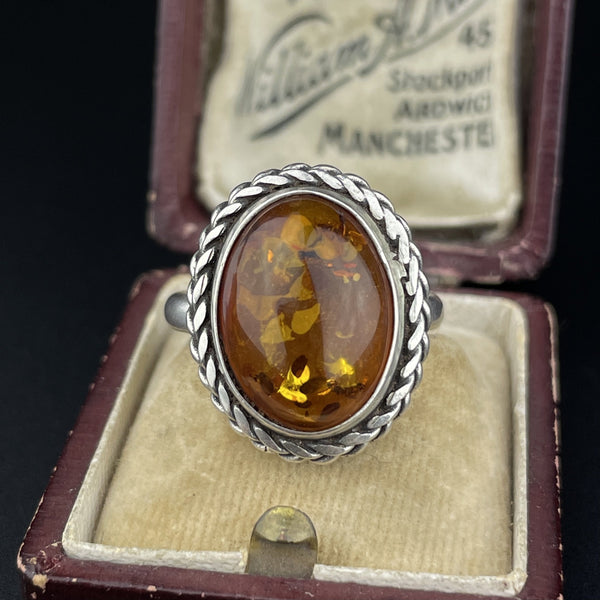 Vintage Natural Russian Baltic Amber Silver Braided Ring, Sz 7.5 - Boylerpf
