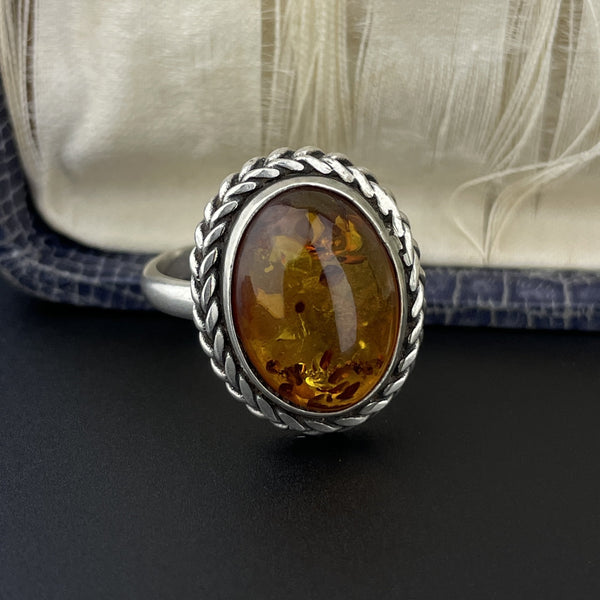 Vintage Natural Russian Baltic Amber Silver Braided Ring, Sz 7.5 - Boylerpf