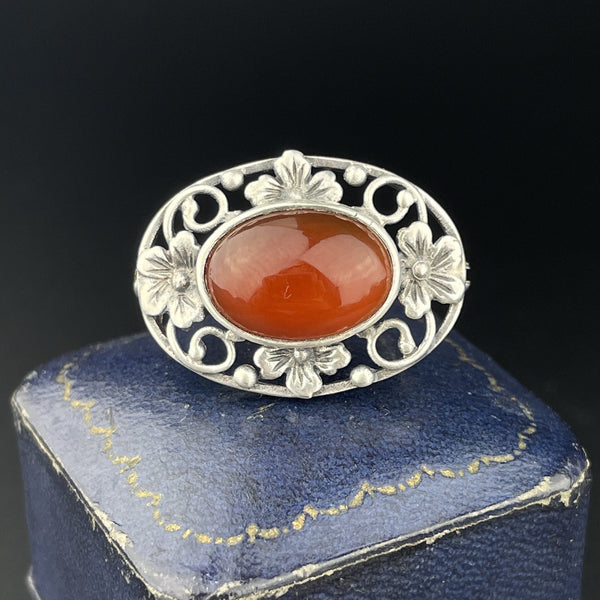 Vintage Silver Arts and Crafts Forget Me Not Carnelian Brooch - Boylerpf