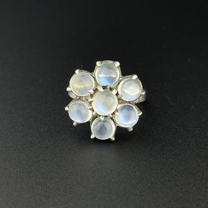 Vintage Silver Flower Cluster Blue Moonstone Ring, Sz 7 - Boylerpf
