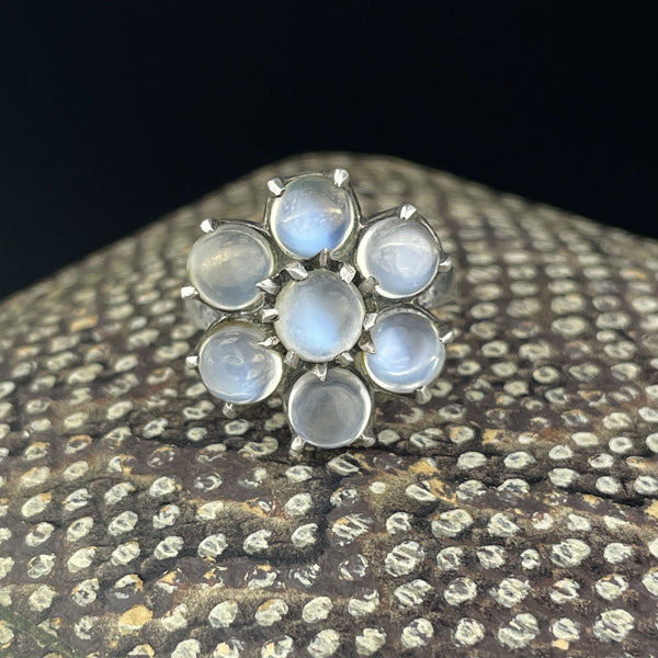 Vintage Silver Flower Cluster Blue Moonstone Ring, Sz 7 - Boylerpf