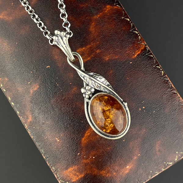 Vintage Silver Grape Cluster Amber Drop Pendant Necklace - Boylerpf