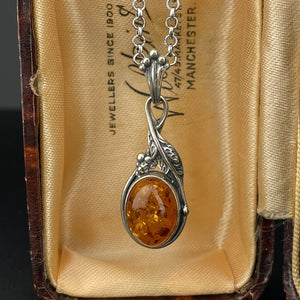 Vintage Silver Grape Cluster Amber Drop Pendant Necklace - Boylerpf