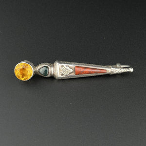 Antique Silver Victorian Citrine Scottish Agate Dirk Brooch - Boylerpf