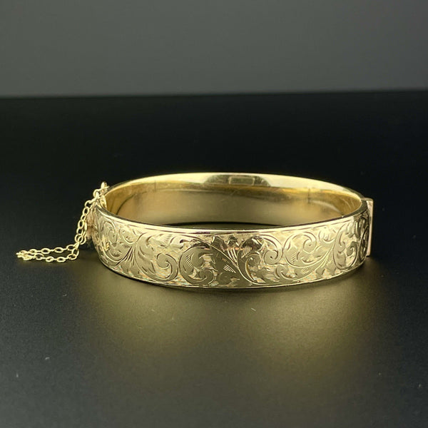 Vintage 9K Rolled Gold Flower Engraved Wide Stacking Bangle Bracelet - Boylerpf