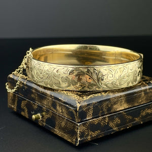 Vintage 9K Rolled Gold Flower Engraved Wide Stacking Bangle Bracelet - Boylerpf
