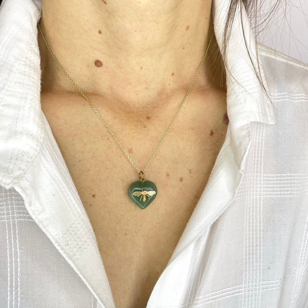 Green Aventurine Heart Bee Pendant Necklace - Boylerpf