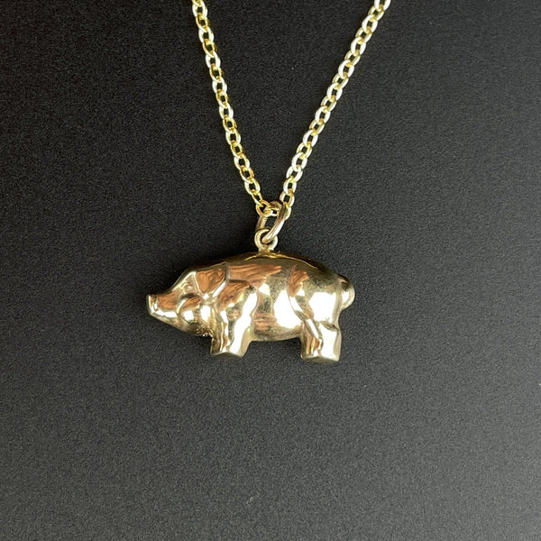 Vintage 9K Gold Puffy Pig Charm Pendant Necklace - Boylerpf