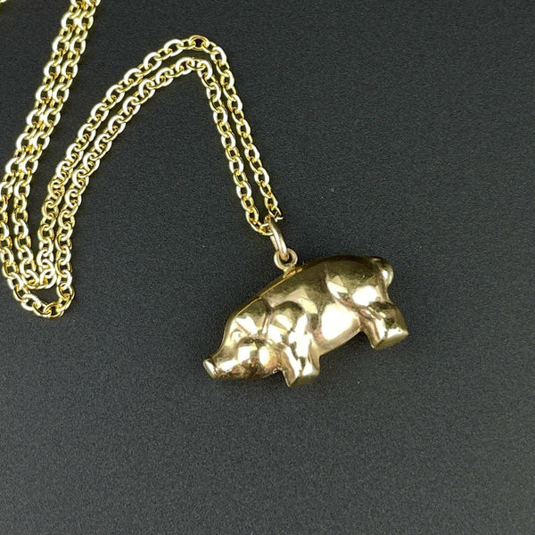Vintage 9K Gold Puffy Pig Charm Pendant Necklace - Boylerpf