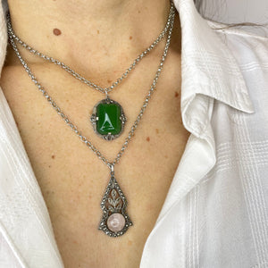 Silver Art Deco Chrysoprase Marcasite Pendant Necklace - Boylerpf