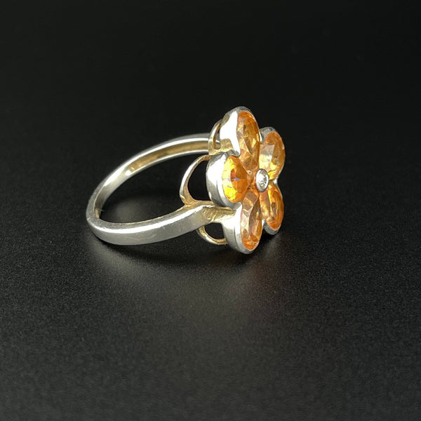 Vintage Silver Yellow Spinel Diamond Flower Cluster Ring, Sz 6 3/4 - Boylerpf