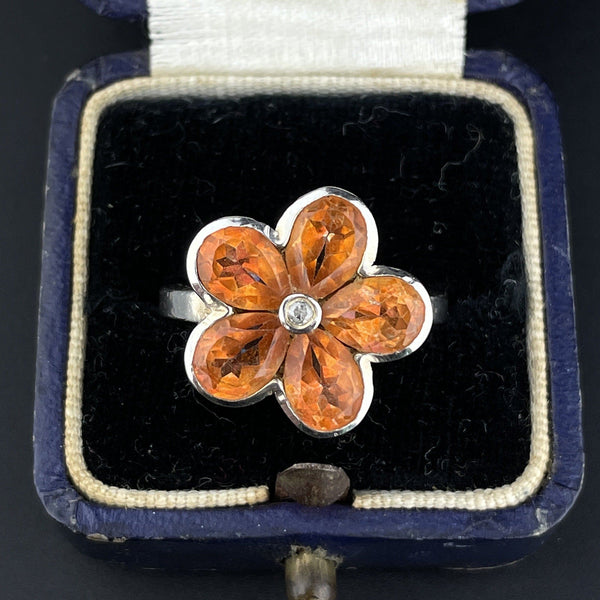 Vintage Silver Yellow Spinel Diamond Flower Cluster Ring, Sz 6 3/4 - Boylerpf