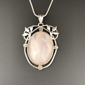 Vintage Silver Large Rose Quartz Art Nouveau Style Pendant Necklace - Boylerpf