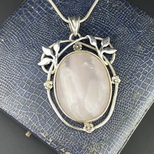 Vintage Silver Large Rose Quartz Art Nouveau Style Pendant Necklace - Boylerpf