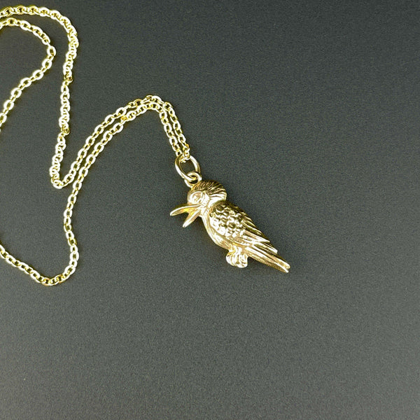 Vintage Gold Puffy Kookaburra Bird Pendant Necklace - Boylerpf