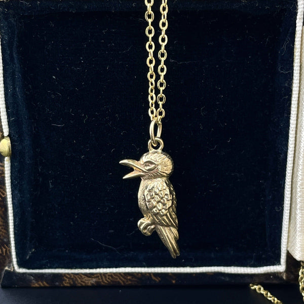 Vintage Gold Puffy Kookaburra Bird Pendant Necklace - Boylerpf