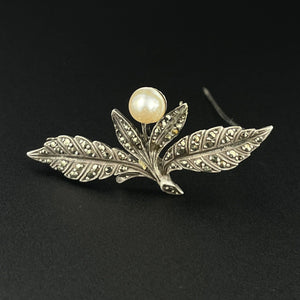 Vintage Art Deco Silver Cultured Pearl Marcasite Floral Brooch - Boylerpf