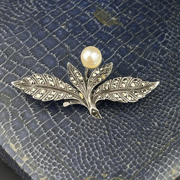 Vintage Art Deco Silver Cultured Pearl Marcasite Floral Brooch - Boylerpf