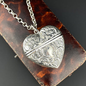 Art Nouveau Silver Repousse Sweetheart Large Keepsake Heart Locket - Boylerpf