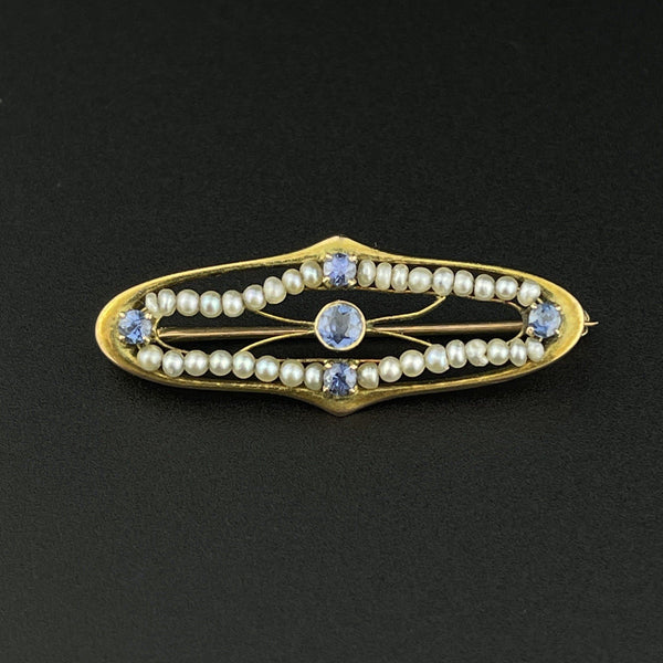 Gold Sapphire Seed Pearl Pin Brooch - Boylerpf