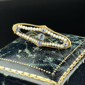 Gold Sapphire Seed Pearl Pin Brooch - Boylerpf