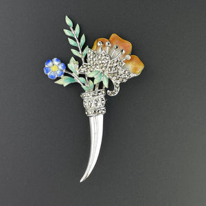 Vintage Art Deco Silver Marcasite Enamel Floral Brooch - Boylerpf