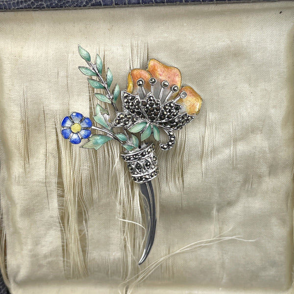 Vintage Art Deco Silver Marcasite Enamel Floral Brooch - Boylerpf