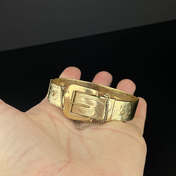 Vintage Rolled Gold Engraved Belt Buckle Bangle Bracelet - Boylerpf