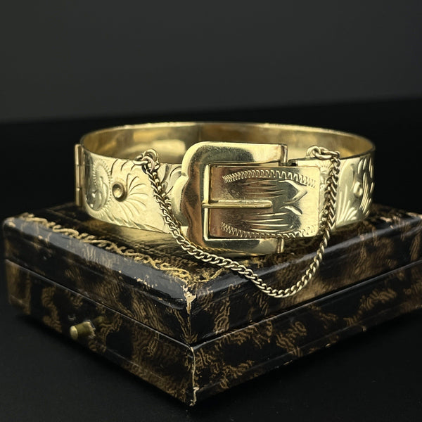 Vintage Rolled Gold Engraved Belt Buckle Bangle Bracelet - Boylerpf