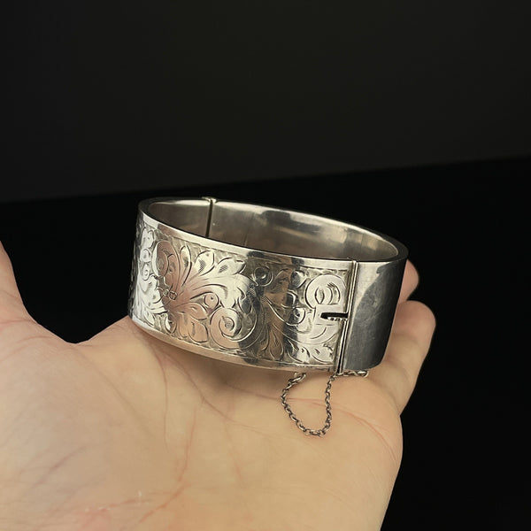 Victorian Engraved Silver Wide Cuff Bangle Bracelet - Boylerpf
