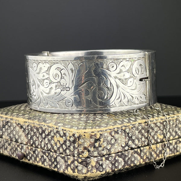 Victorian Engraved Silver Wide Cuff Bangle Bracelet - Boylerpf