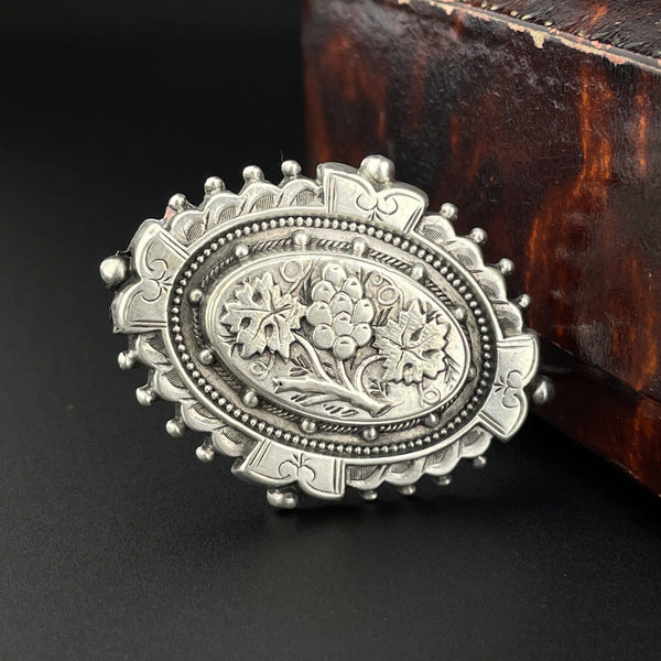 Antique Victorian Silver Engraved Grape Cluster Sweetheart Brooch - Boylerpf