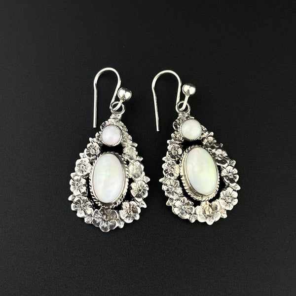 Edwardian Silver Floral Opal Drop Earrings - Boylerpf
