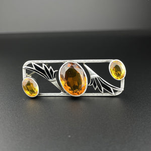 Vintage Art Deco Citrine Black Enamel Lotus Brooch - Boylerpf