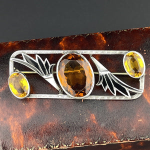 Vintage Art Deco Citrine Black Enamel Lotus Brooch - Boylerpf