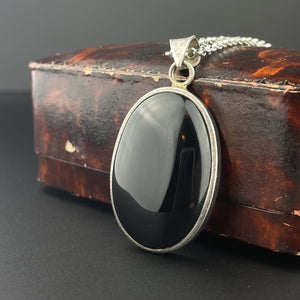 Silver Large Black Onyx Pendant Necklace - Boylerpf