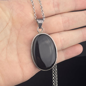 Silver Large Black Onyx Pendant Necklace - Boylerpf