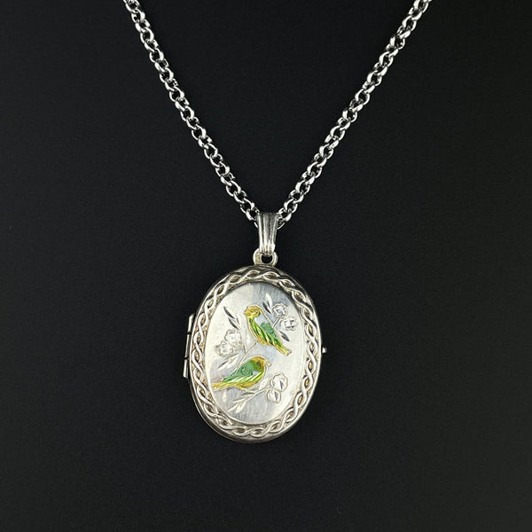 ON HOLD Vintage Engraved Silver Enamel Swallow Bird Locket Necklace - Boylerpf