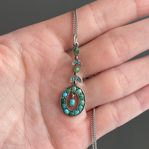 Vintage Edwardian Silver Turquoise Pendant Necklace - Boylerpf