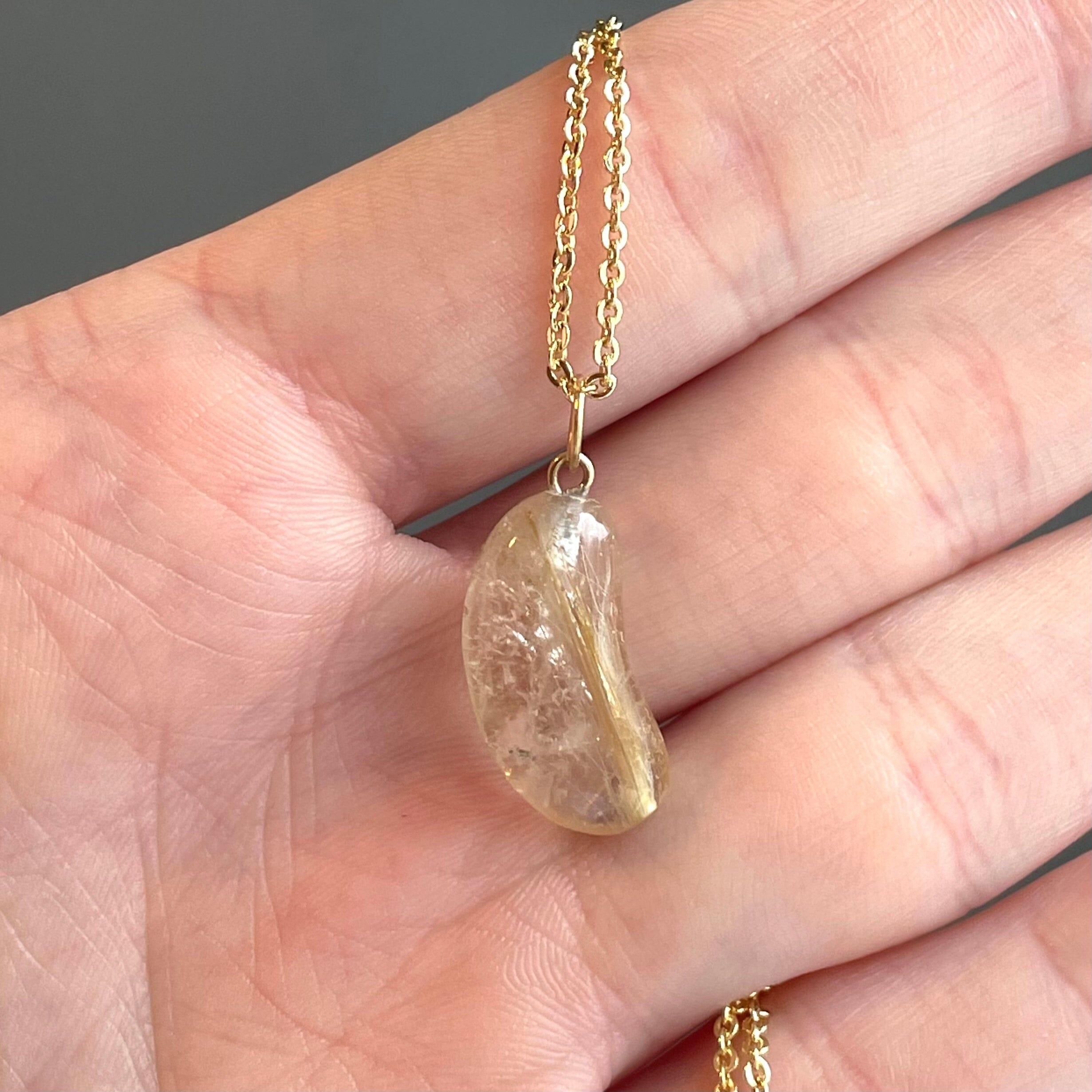 Vintage 18K Gold Rutilated Quartz Bean Pendant Necklace Boylerpf