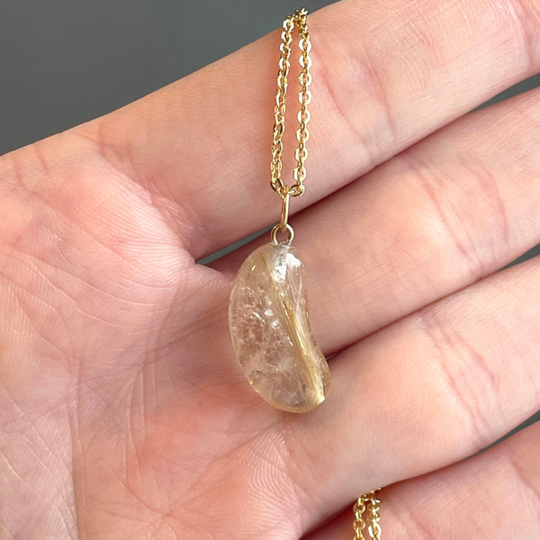 Vintage 18K Gold Rutilated Quartz Bean Pendant Necklace - Boylerpf