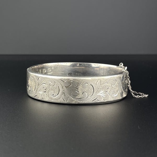 Vintage Floral Engraved Silver Bangle Cuff Bracelet - Boylerpf